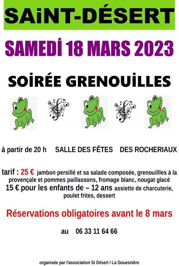 Saint Désert, samedi 18 mars 2023 à 20h00 soirée grenouilles à la salle de Rocheriaux