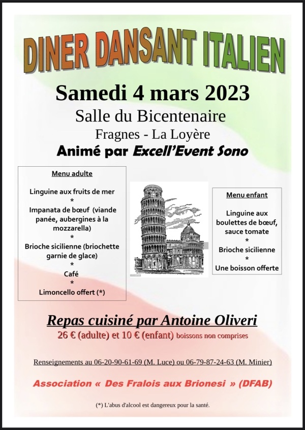 L’association « Des Fralois aux Brionesi » organise un dîner dansant italien le samedi 4 mars 2023 