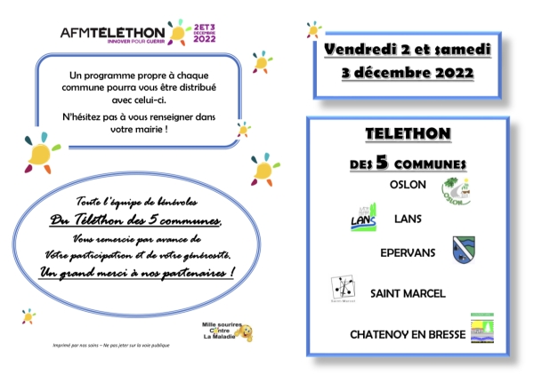 Le Téléthon des 5 communes de Oslon, Lans, Saint-Marcel, Epervans et Chatenoy en Bresse c’est vendredi 02 samedi 03 décembre 