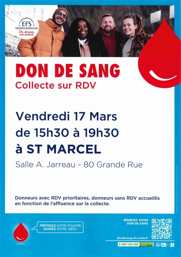 Première collecte de l’année à Saint Marcel : rendez-vous le vendredi 17 mars de 15h30 à 19h30 au sein de la toute nouvelle salle Alfred Jarreau 