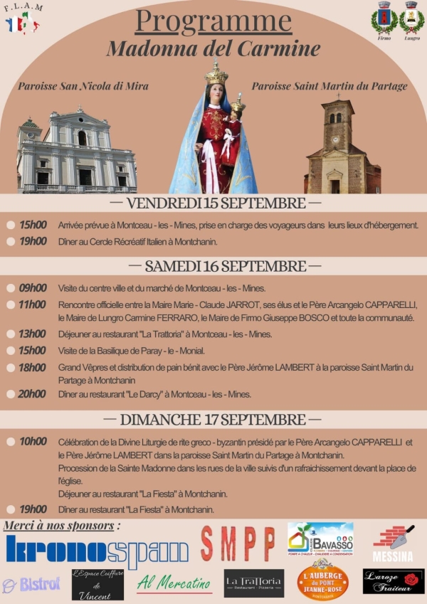 Comité de Jumelage « FLAM » : « la Madonna del Carmine » quittera exceptionnellement l’Italie en direction du bassin minier le week-end des 16 et 17 septembre