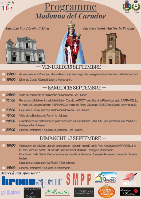 Comité de Jumelage « FLAM » : « la Madonna del Carmine » quittera exceptionnellement l’Italie en direction du bassin minier le week-end des 16 et 17 septembre 