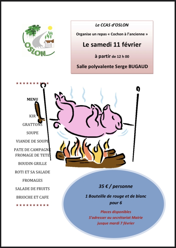 Le CCAS d’Oslon organise son traditionnel repas « cochon à l’ancienne » le samedi 11 février à partir de 12h