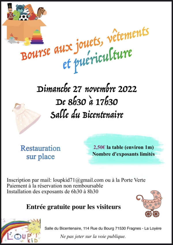 La bourse aux jouets de l’association de parents d’élèves « Loup Kid » c’est dimanche 27 novembre à la salle du bicentenaire !
