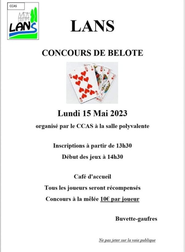 Le CCAS de Lans organise son concours de belote ce lundi 15 mai à 14h30