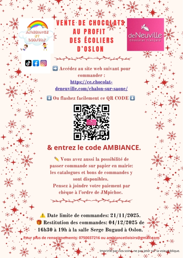 Ambiance et loisirs vous propose sa vente de chocolats, sapin de Noël et vins 