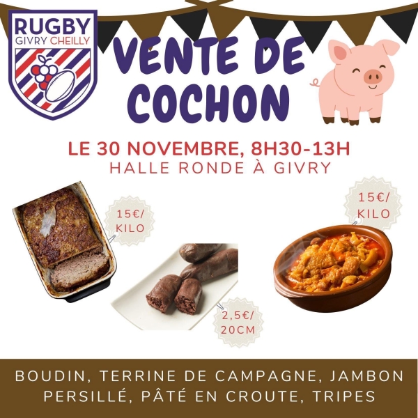 Vente de Cochon du Rugby Givry Cheilly : rendez-vous à la halle ronde ce dimanche 