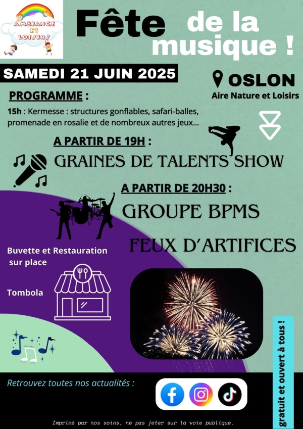 Ce samedi 21 juin : Ambiance et Loisirs fête la musique à Oslon