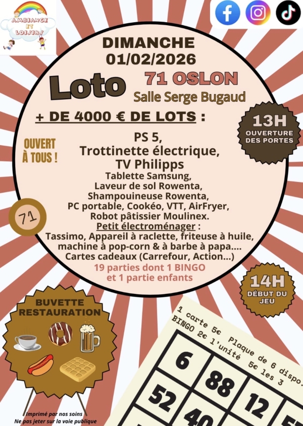 Ambiance et Loisirs à Oslon vous donne rendez-vous le 1er février prochain pour leur Loto