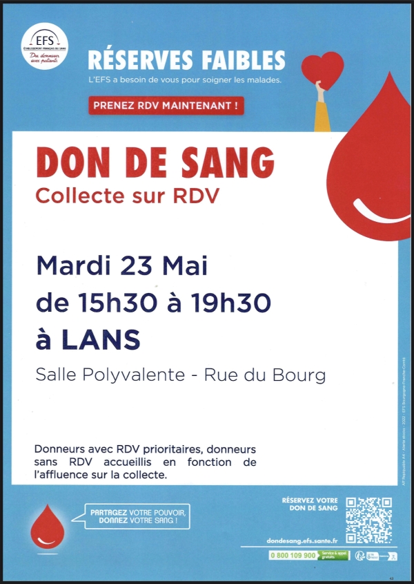 Venez donner votre sang le mardi 23 Mai de 15h30 à 19h30 à LANS