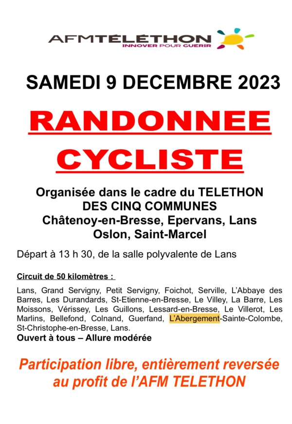 Le Vélo Club de Saint-Marcel organise une randonnée cycliste dans le cadre du Téléthon le 9 décembre à Lans