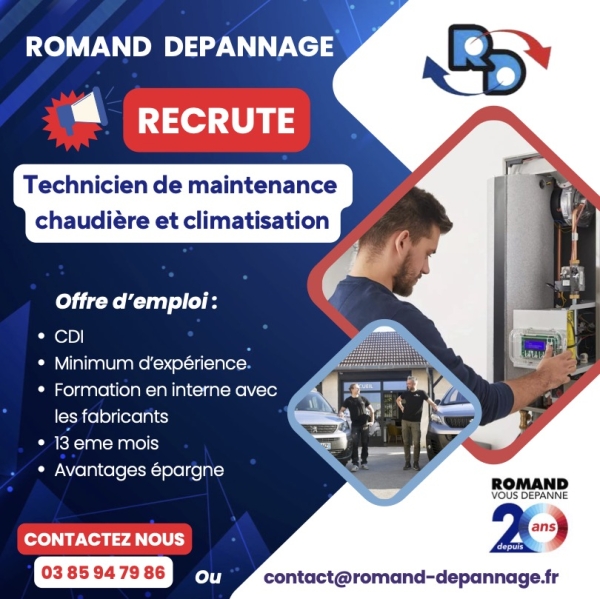 L’Entreprise Romand Dépannage recrute un technicien de maintenance chaudière et climatisation (H/F)